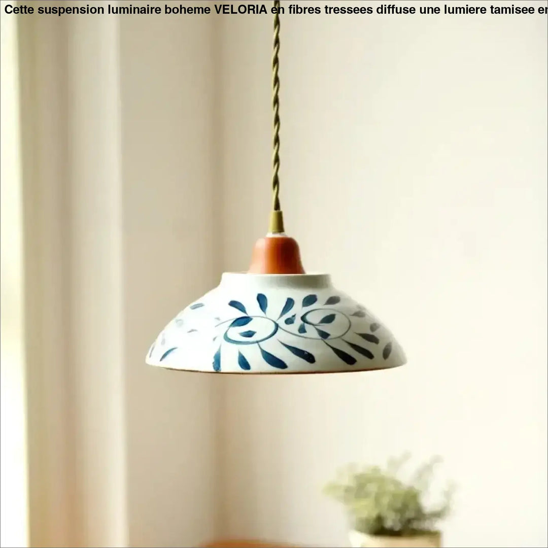 Suspension luminaire céramique blanche à motifs bleus