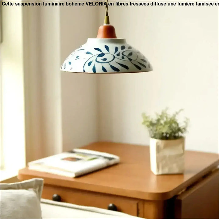 Suspension luminaire céramique blanche à motifs bleus