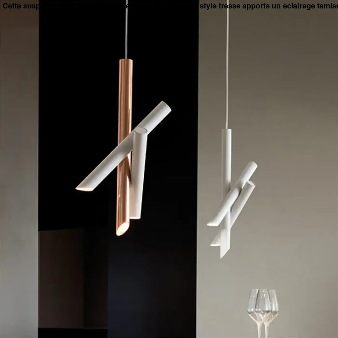 Suspension luminaire konto avec tubes croisés cylindriques modernes blanc et rose gold pour un design élégant
