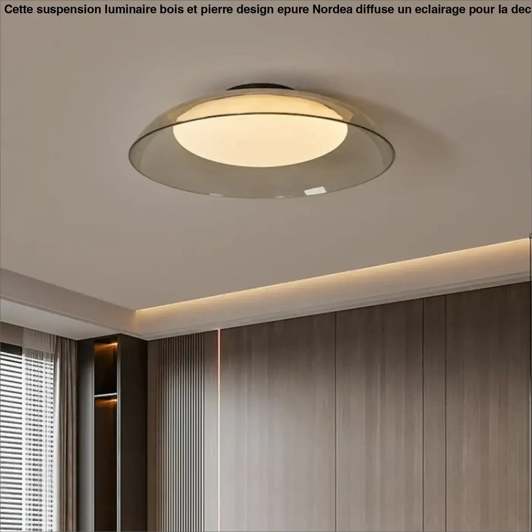 Moderne suspension luminaire bois et pierre design epure nordéa avec lumière chaude diffuse et design circulaire élégant