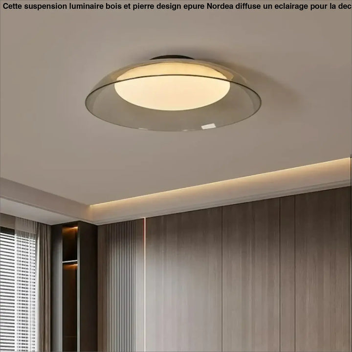 Suspension luminaire bois et pierre design epure avec diffuseur en verre dépoli et anneau clair émettant une lumière chaude