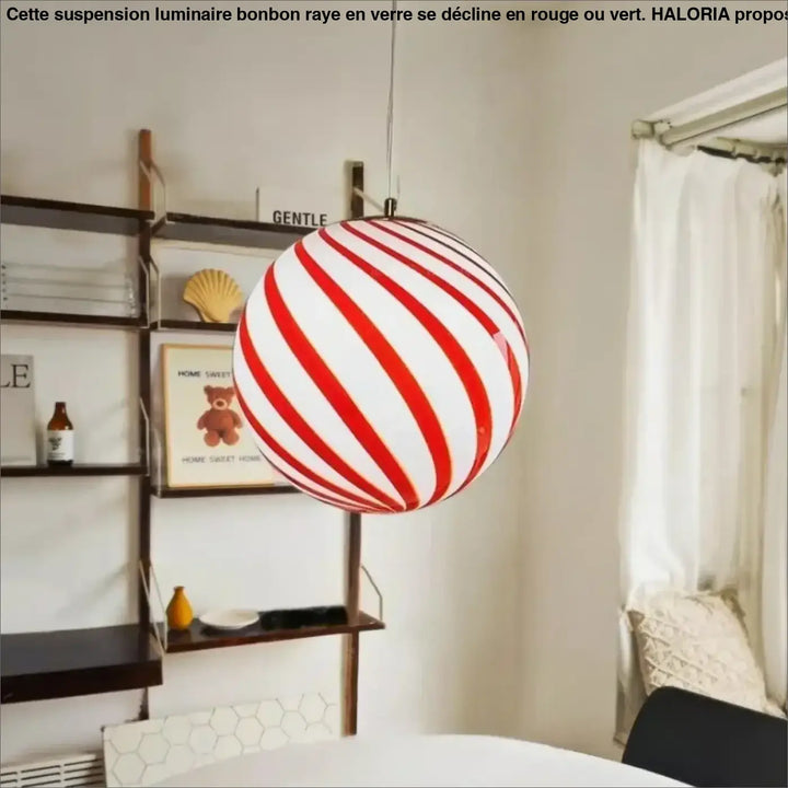 Suspension luminaire bonbon rayé disponible en rouge ou vert

