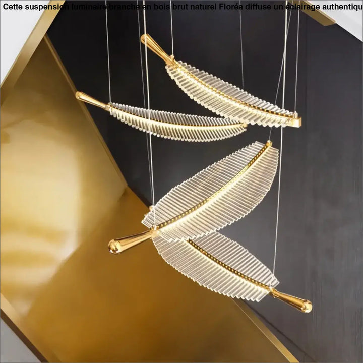 Suspension luminaire en forme de plume cristal et doré élégant
