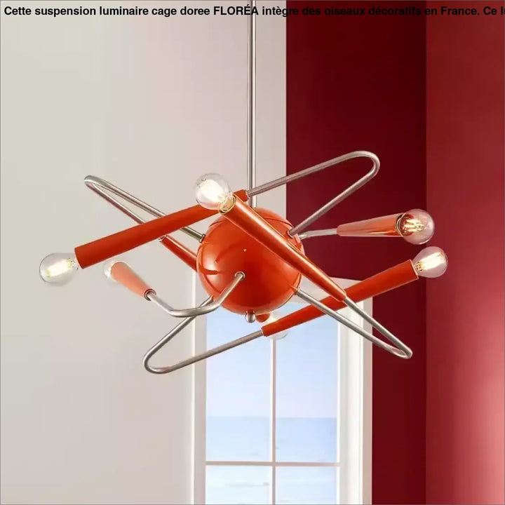 Suspension luminaire cage dorée floréa avec bras en chrome sphérique orange et ampoules apparentes