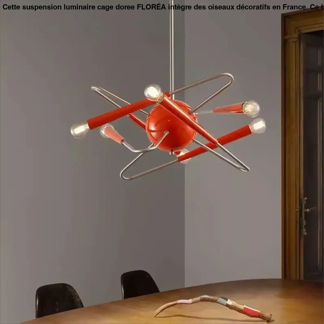 Suspension luminaire cage doree rouge avec bras chromés et ampoules apparentes pour un éclairage design floréa