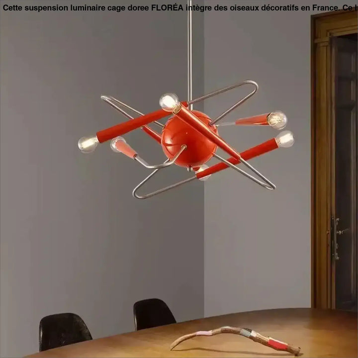 Suspension luminaire cage doree rouge avec bras chromés et ampoules apparentes pour un éclairage design floréa