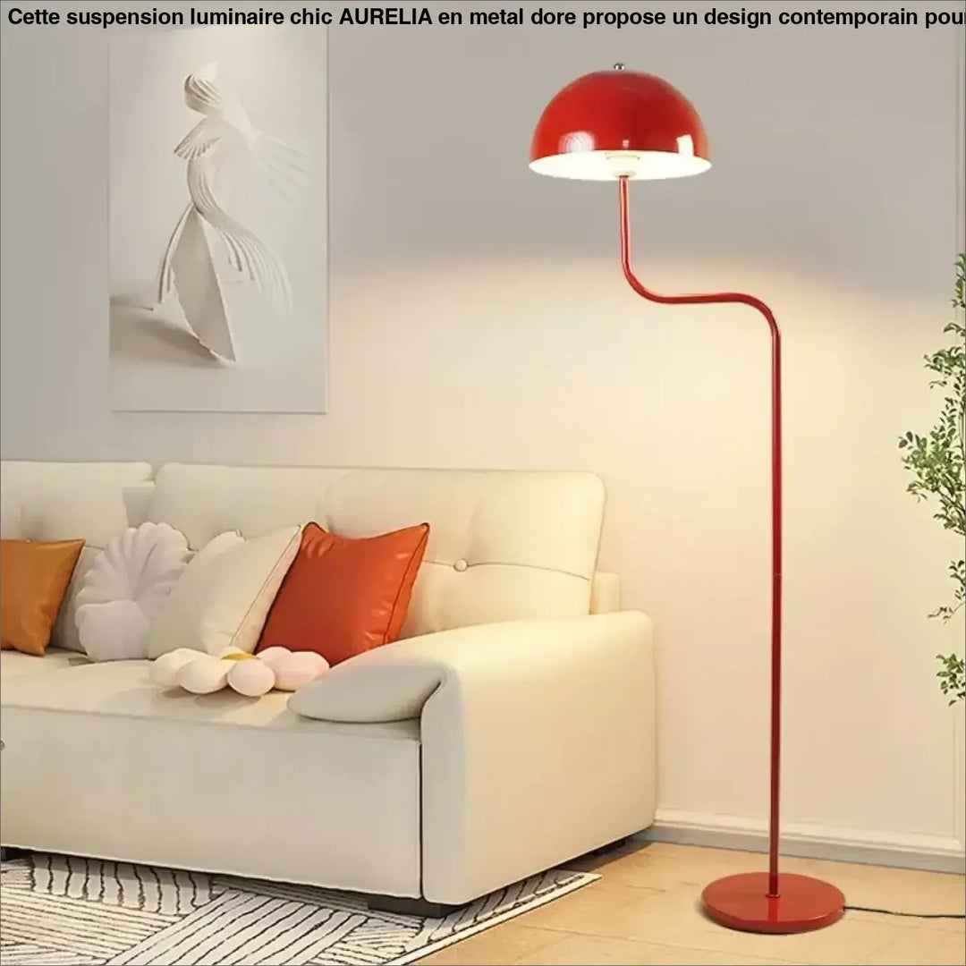 Lampadaire svelto rouge vif avec abat-jour en dôme et tige métallique incurvée design et moderne