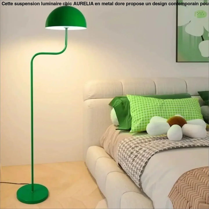 Lampadaire svelto avec abat-jour vert vif en forme de dôme et pied en métal courbé design moderne