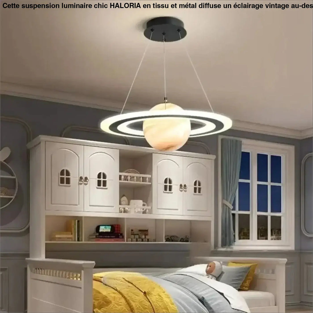 Suspension luminaire titania avec lumière blanche au centre sphérique chaleureuse et deux anneaux concentriques pour éclairage design