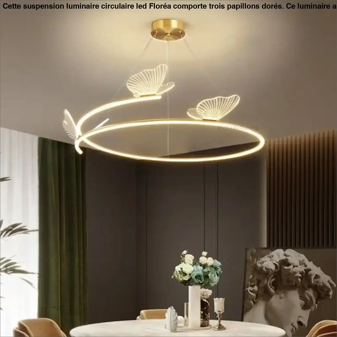 Suspension luminaire circulaire LED avec 3 papillons dorés

