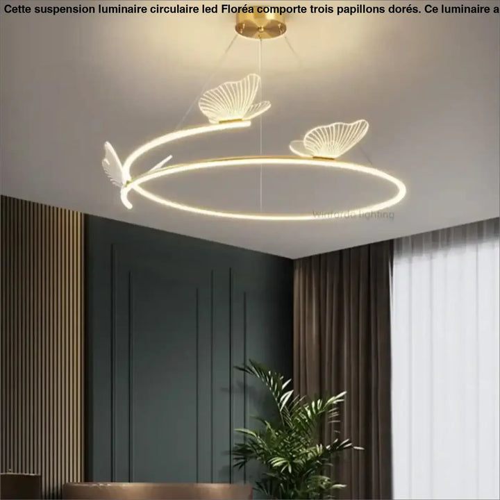Suspension luminaire circulaire LED avec 3 papillons dorés

