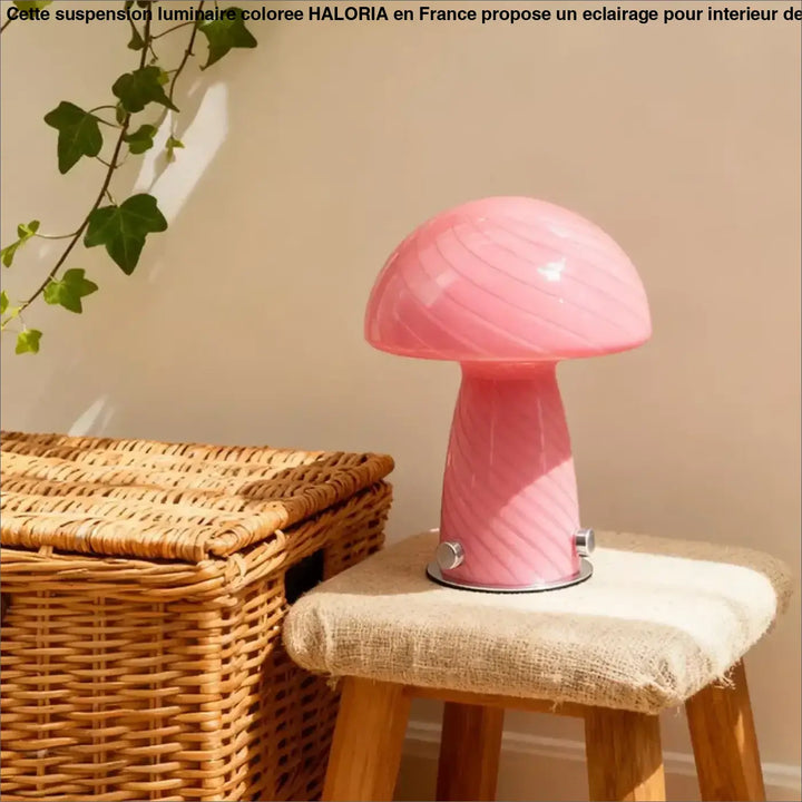 Lampe de chevet champignon euforia en verre côtelé rose brillant avec base métallique, idéale pour décoration intérieure plus qu’un luminaire