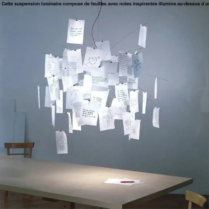 Suspension luminaire composé de feuilles avec des notes inspirantes

