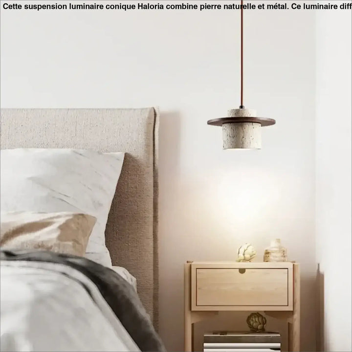 Suspension luminaire design en pierre travertin beige ou marron