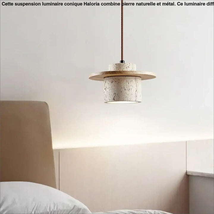 Suspension luminaire design en pierre travertin beige ou marron