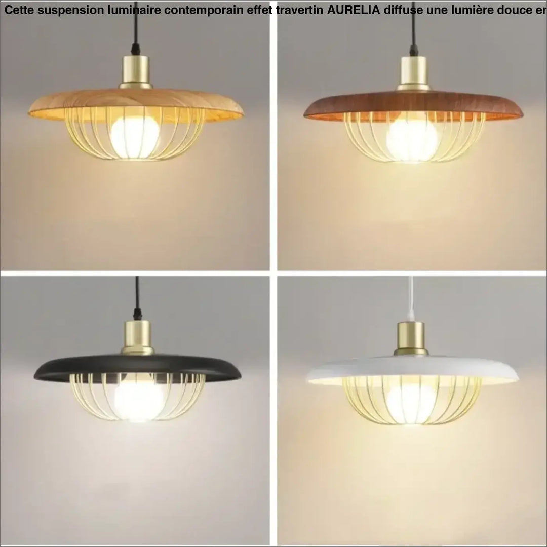 Suspension luminaire en bois et métal doré avec abat-jour rond chic