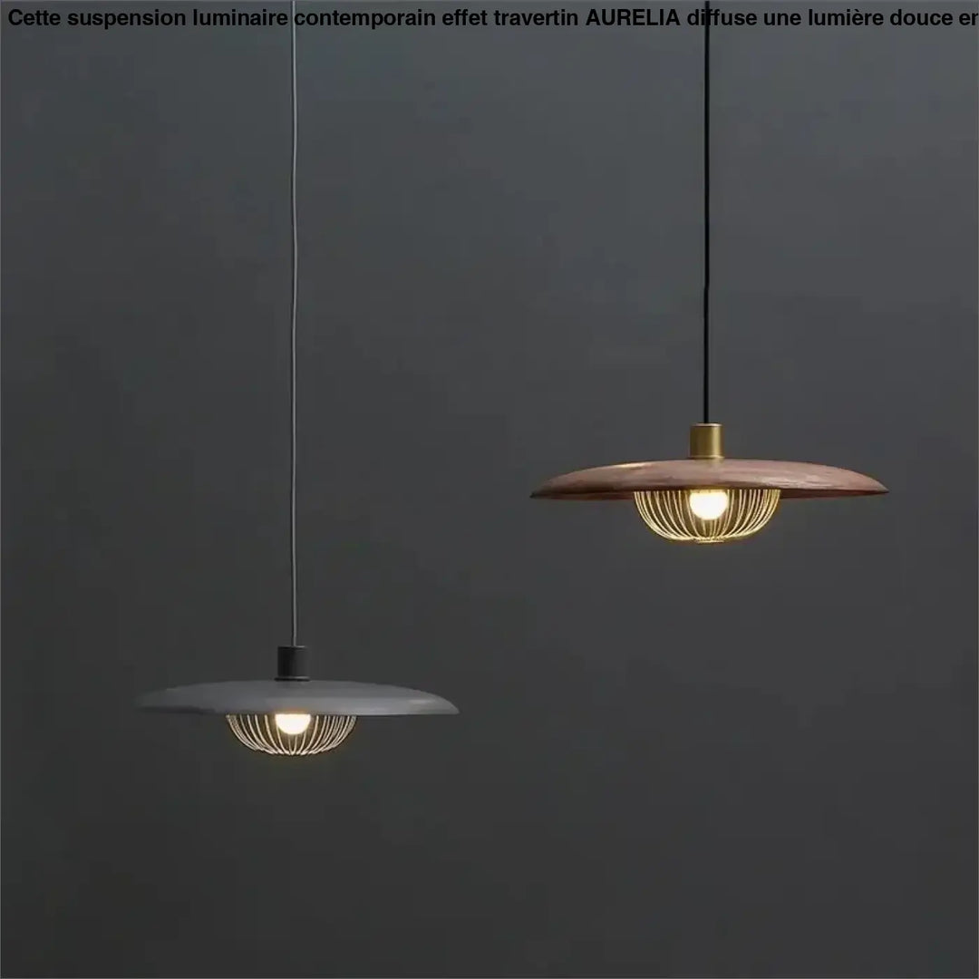 Suspension luminaire en bois et métal doré avec abat-jour rond chic