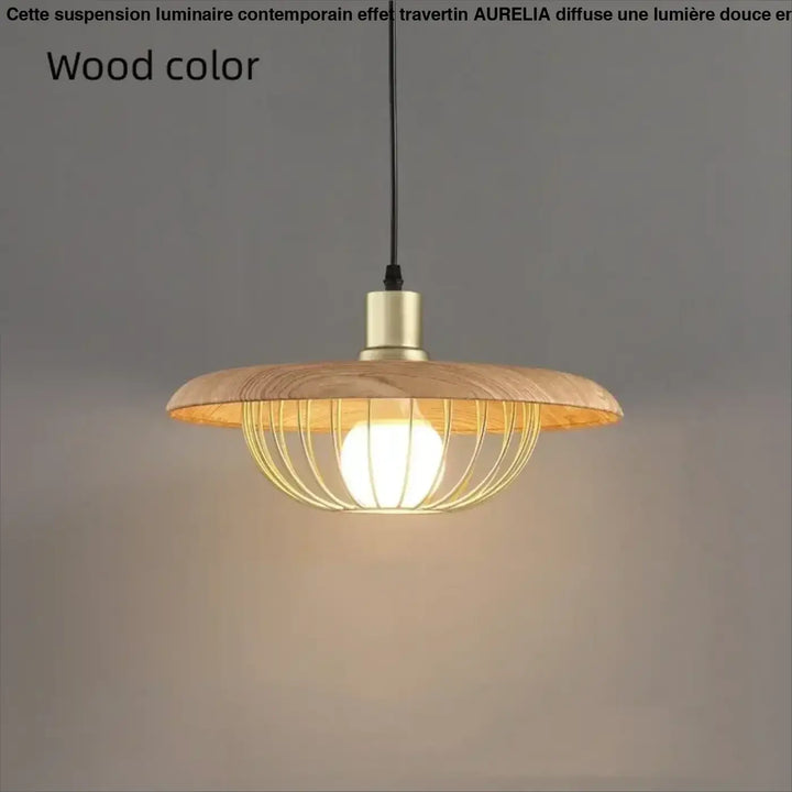 Suspension luminaire en bois et métal doré avec abat-jour rond chic