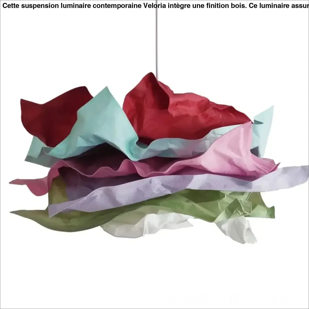 Suspension luminaire contemporaine avec finition bois présentant un papier lantern crêpé coloré rouge rose vert bleu