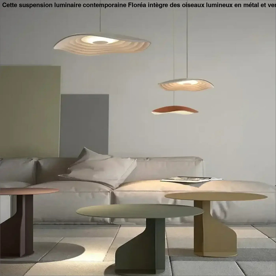 Suspension luminaire contemporaine floréa avec luminaires oiseaux sculpturaux en bois beige chaud et terre cuite