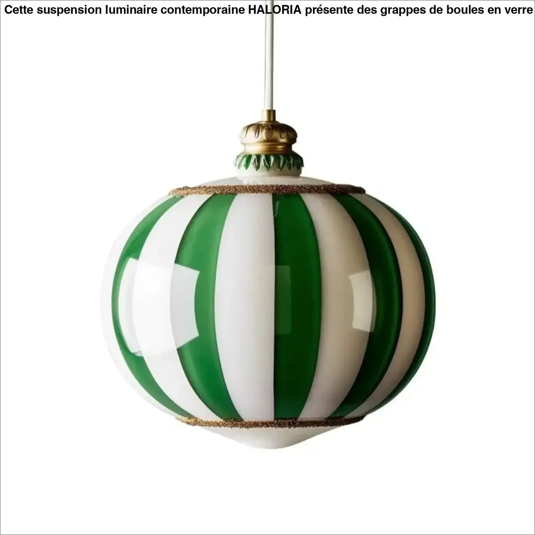 Suspension luminaire sphère en verre rayé vert et blanc élégante