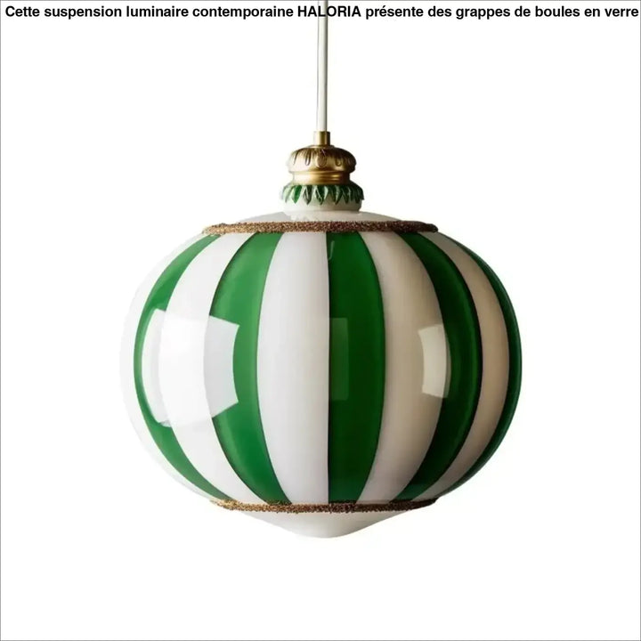 Suspension luminaire sphère en verre rayé vert et blanc élégante