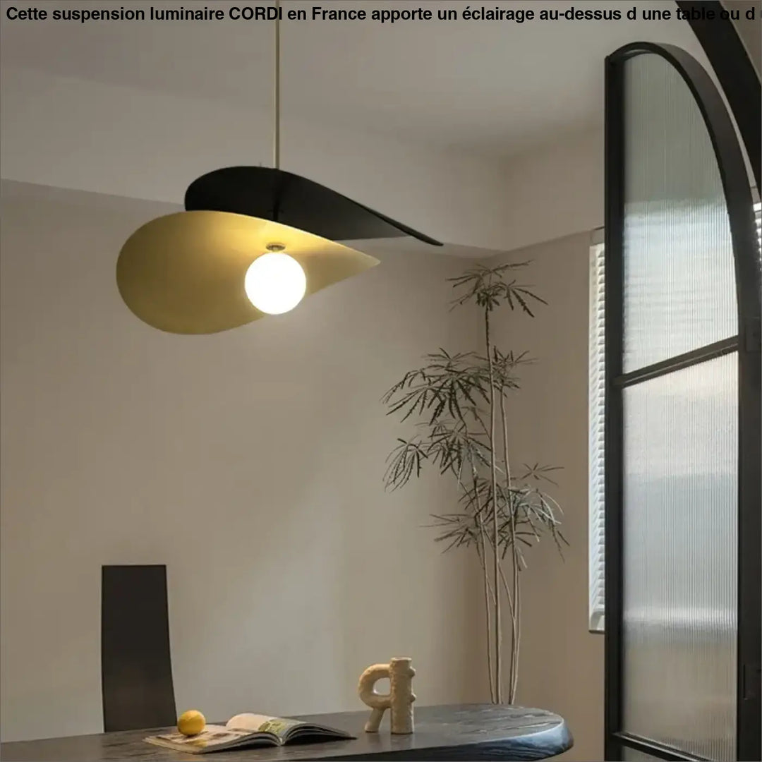 Suspension design contemporain noir et doré avec globe blanc