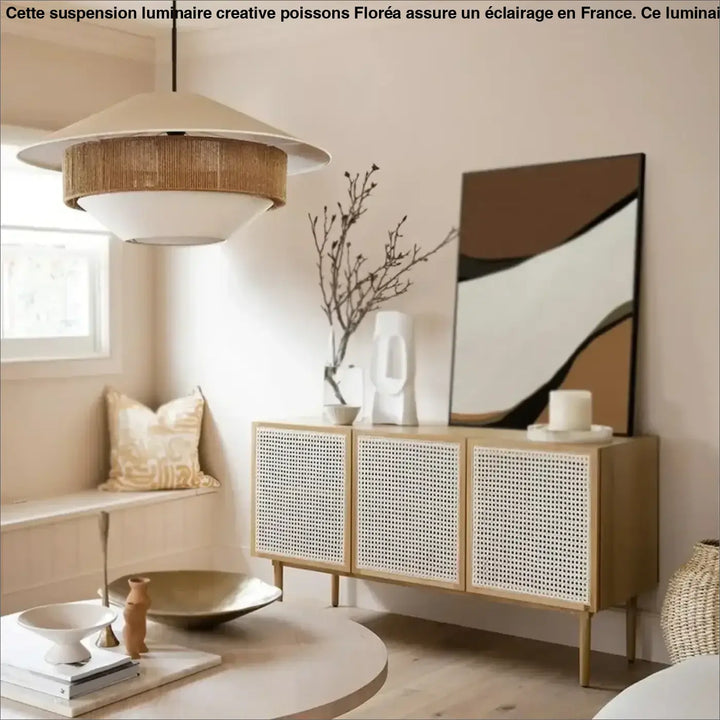Suspension design blanche jute naturelle ambiance élégante