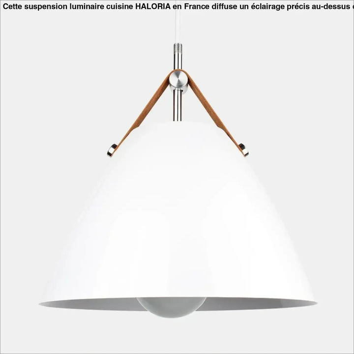 Suspension luminaire cuisine blanc conique avec tige métal et sangles cuir tan par haloria