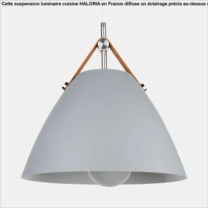 Suspension luminaire cuisine haloria gris mat avec abat-jour conique et sangles en cuir tan pour un éclairage élégant