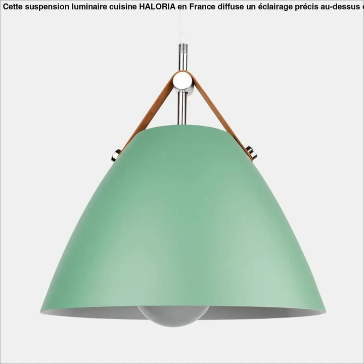 Suspension luminaire cuisine mint vert conique avec finition mate, sangles en cuir marron et ferrures chromées haloria