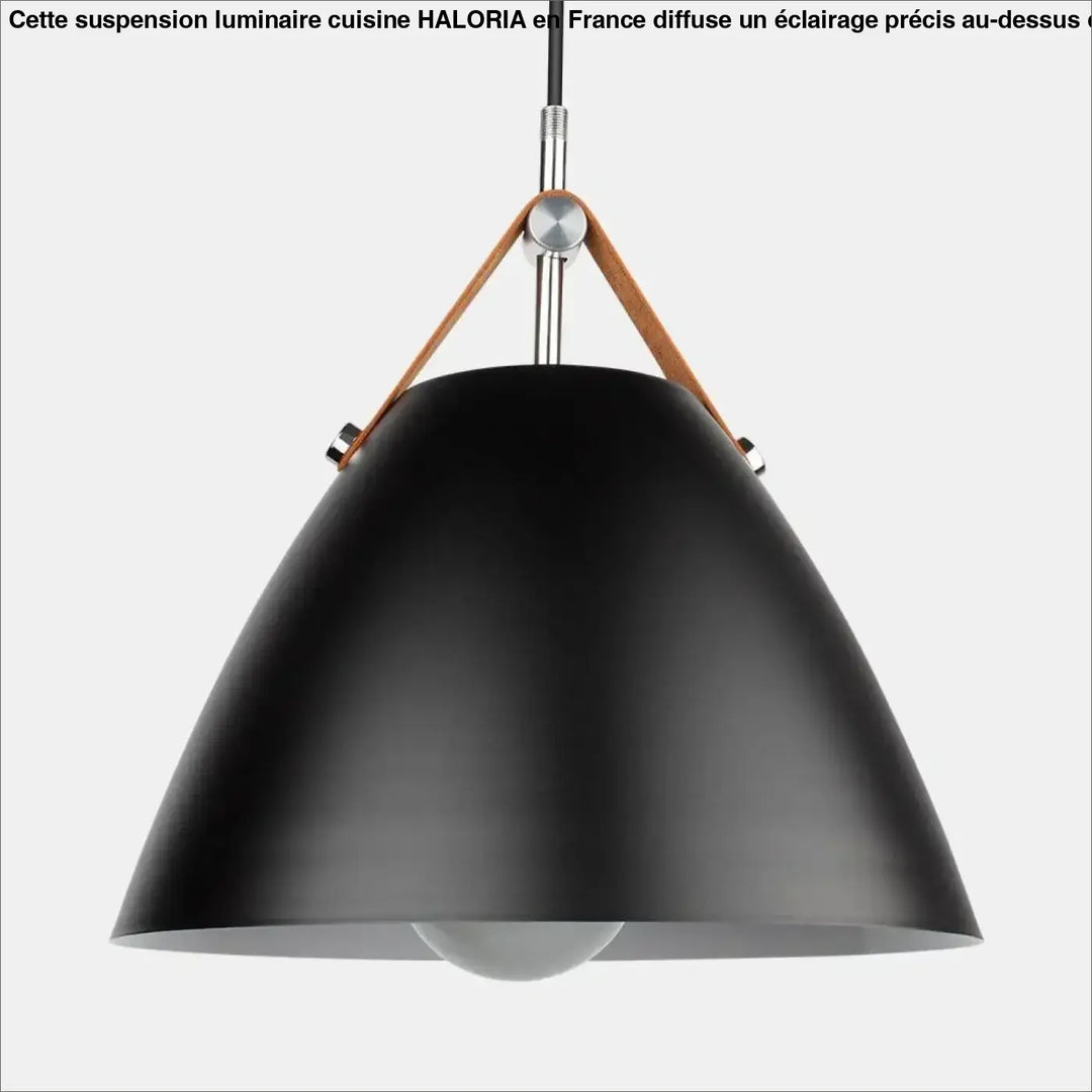Suspension luminaire cuisine haloria en métal noir mat avec abat-jour conique et sangles en cuir beige