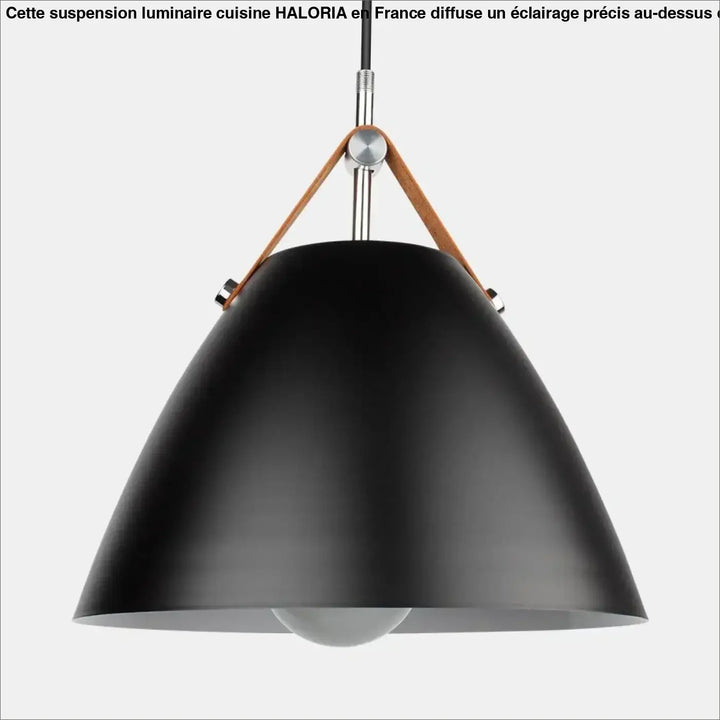 Suspension luminaire cuisine haloria en métal noir mat avec abat-jour conique et sangles en cuir beige