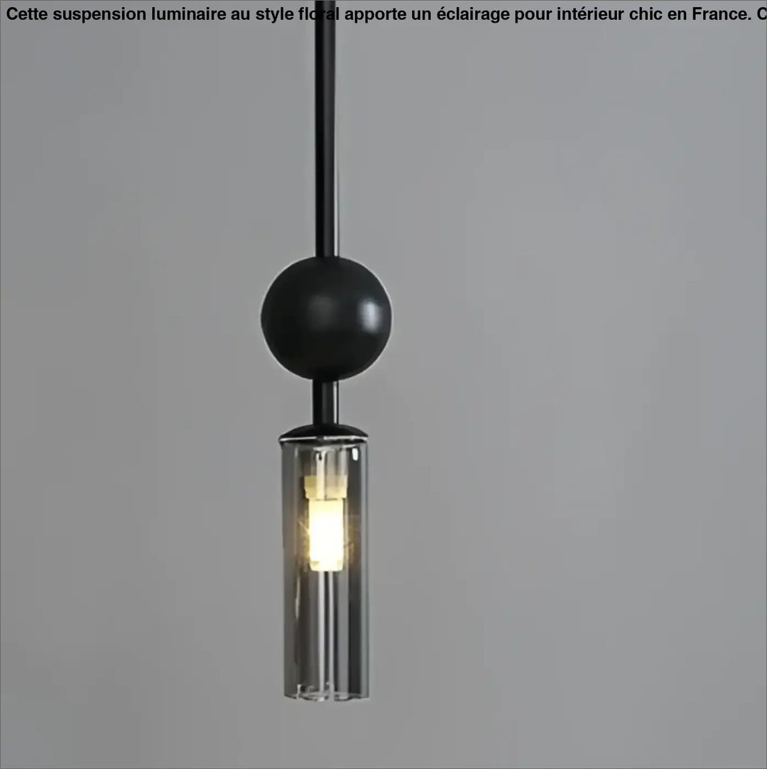 Suspension luminaire krysta avec boule métallique noire et cylindre en verre clair abritant lampoule