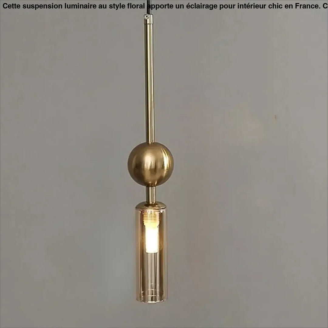 Suspension luminaire krysta en laiton avec boule métallique et diffuseur cylindrique en verre éclairé