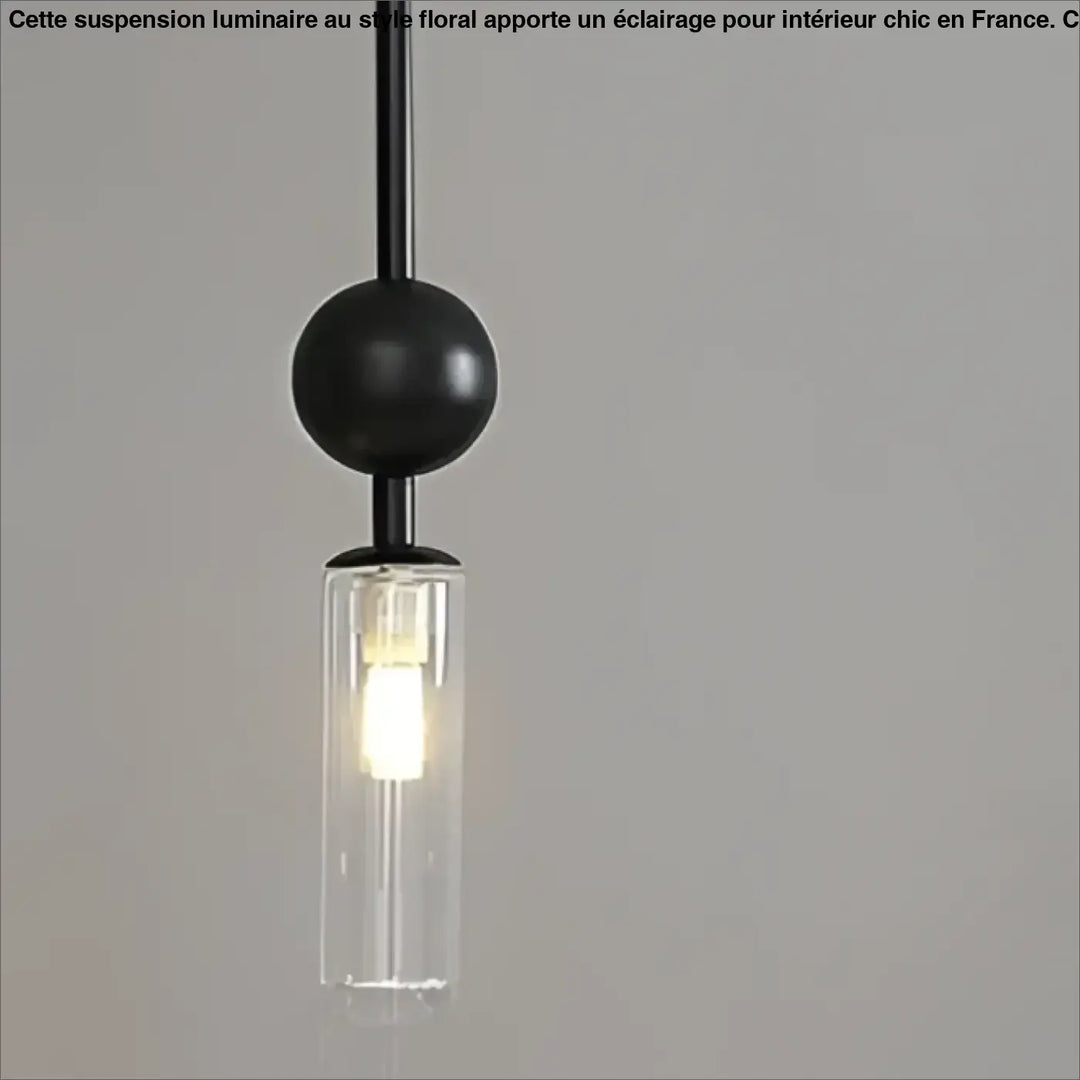 Suspension luminaire krysta avec boule métallique noire et cylindre en verre transparent abritant une ampoule allumée