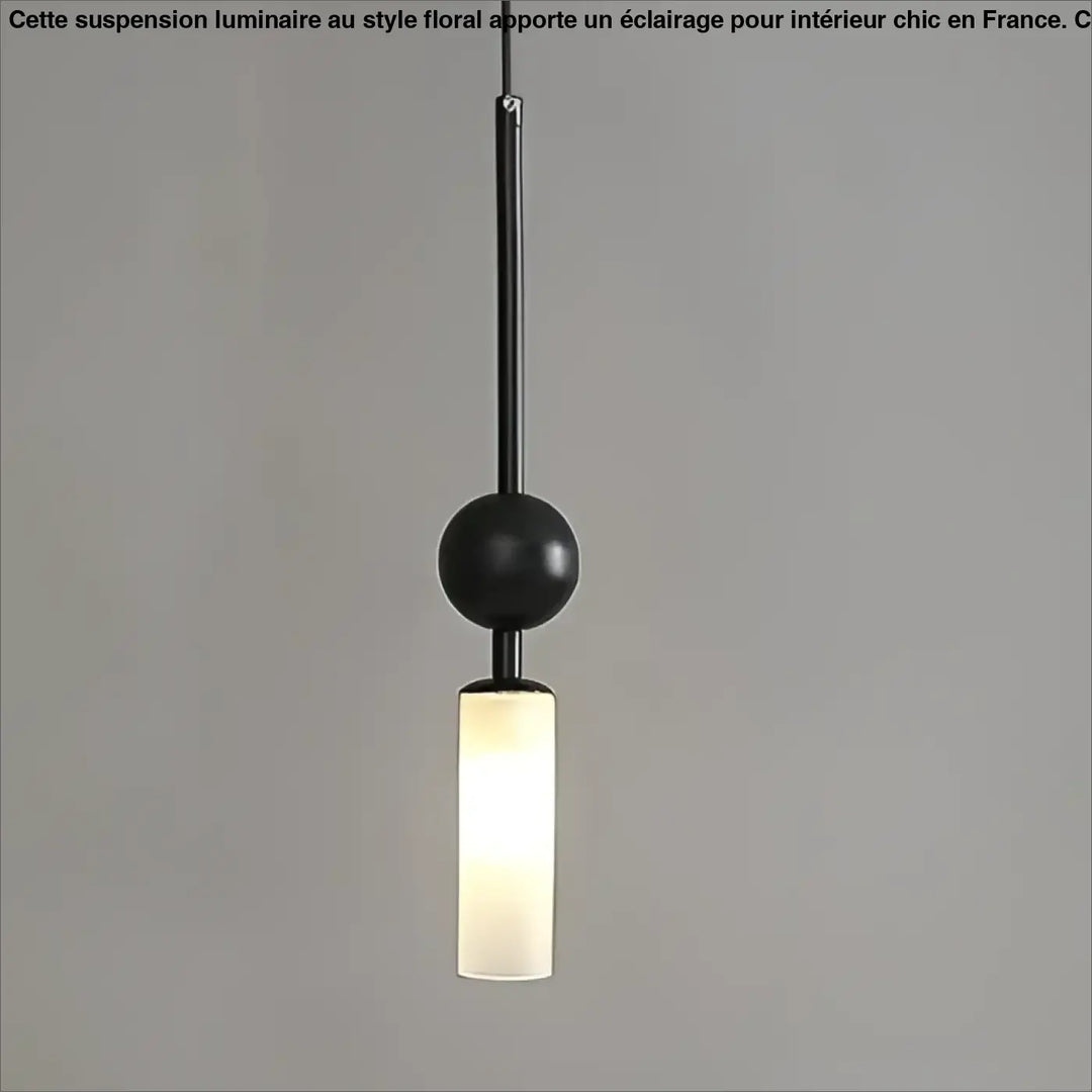 Suspension luminaire krysta avec boule métallique noire et diffuseur cylindrique en verre dépoli