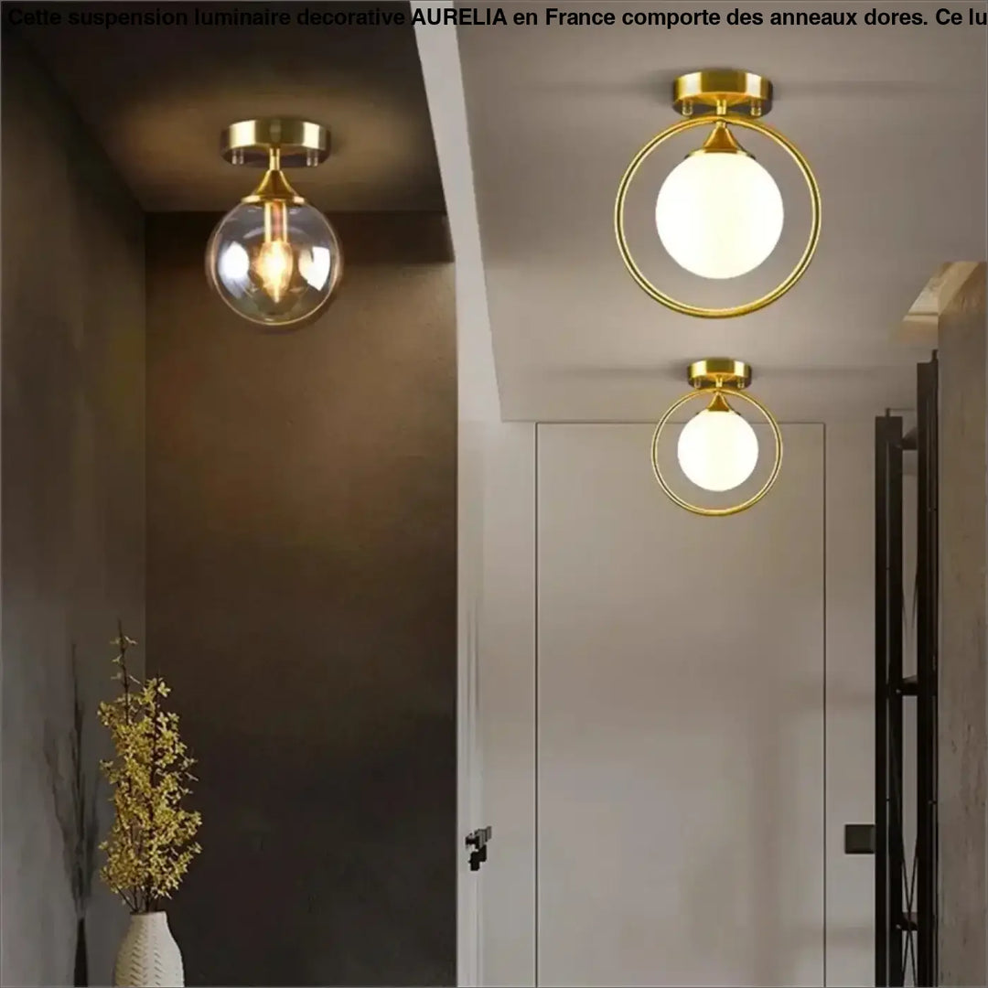 Plafonnier chic orbane avec anneau doré et boules lumineuses finition or pour un éclairage moderne