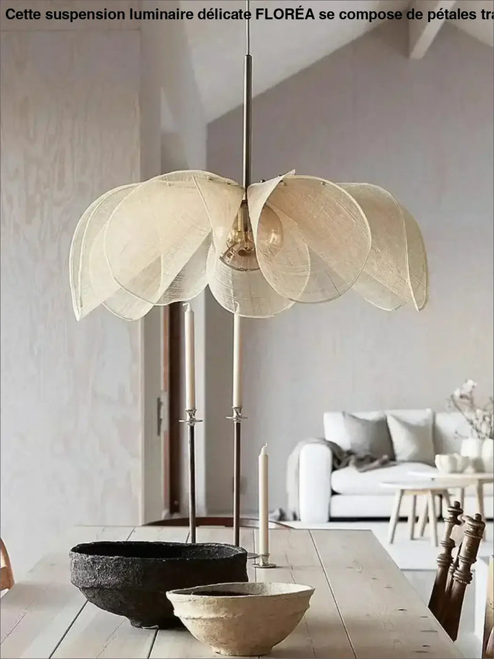 Suspension luminaire délicate translucides évoquant feuille en pétales 