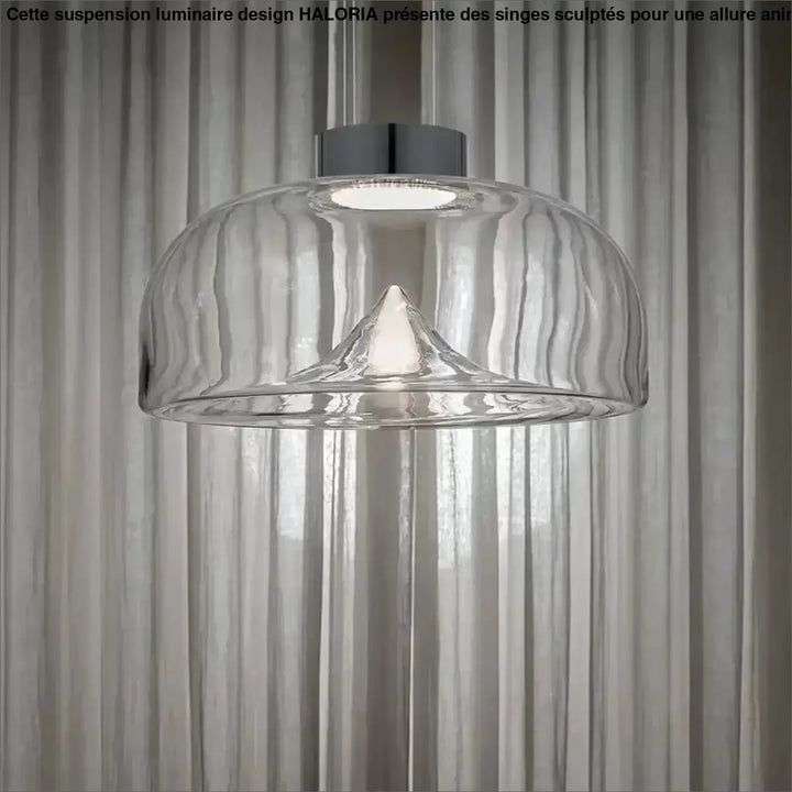 Suspension luminaire eclari en verre transparent avec rainures verticales et fixation chrome élégante