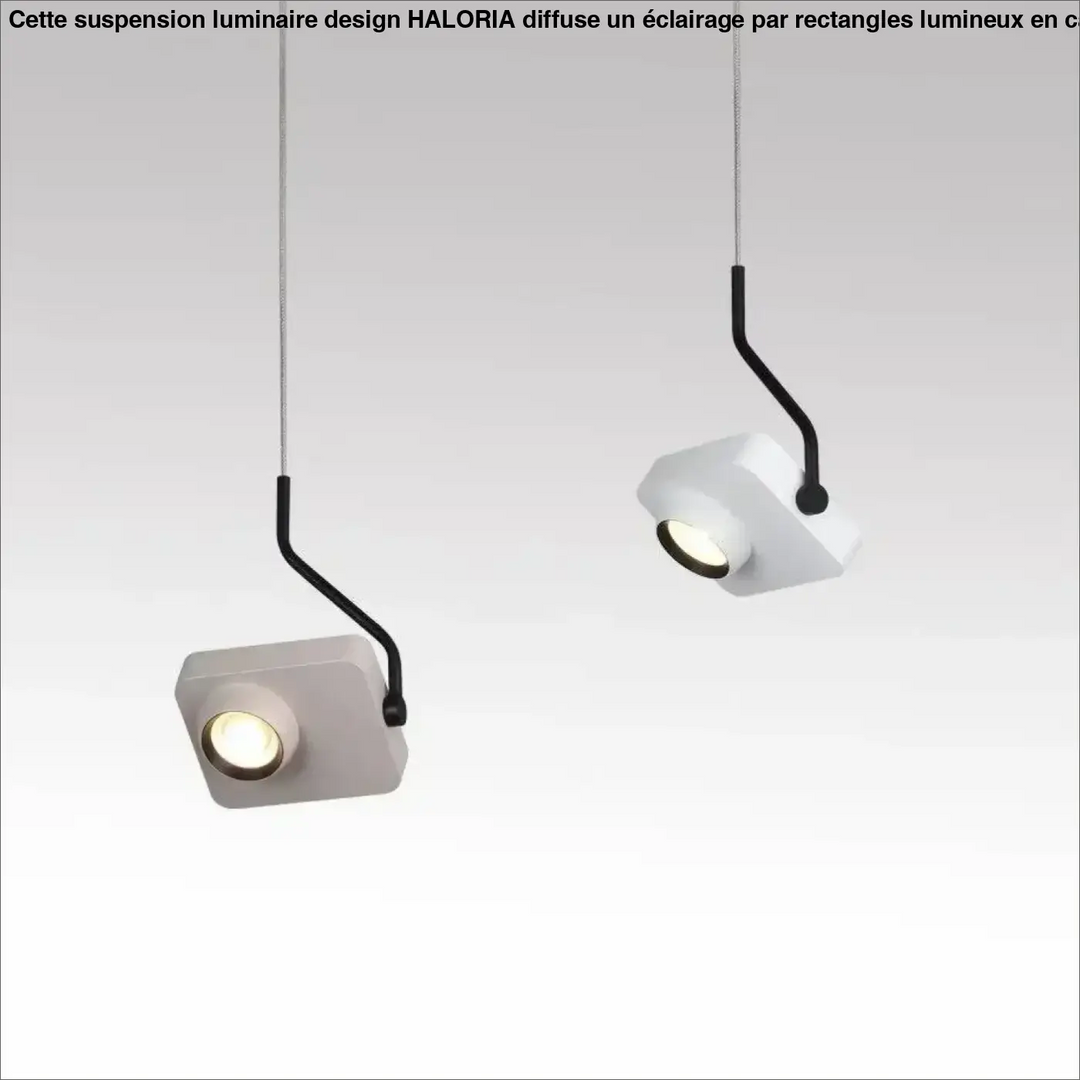 Suspension luminaire quadra avec structure minimaliste blanche, bras noirs courbés et lumière ciblée circulaire