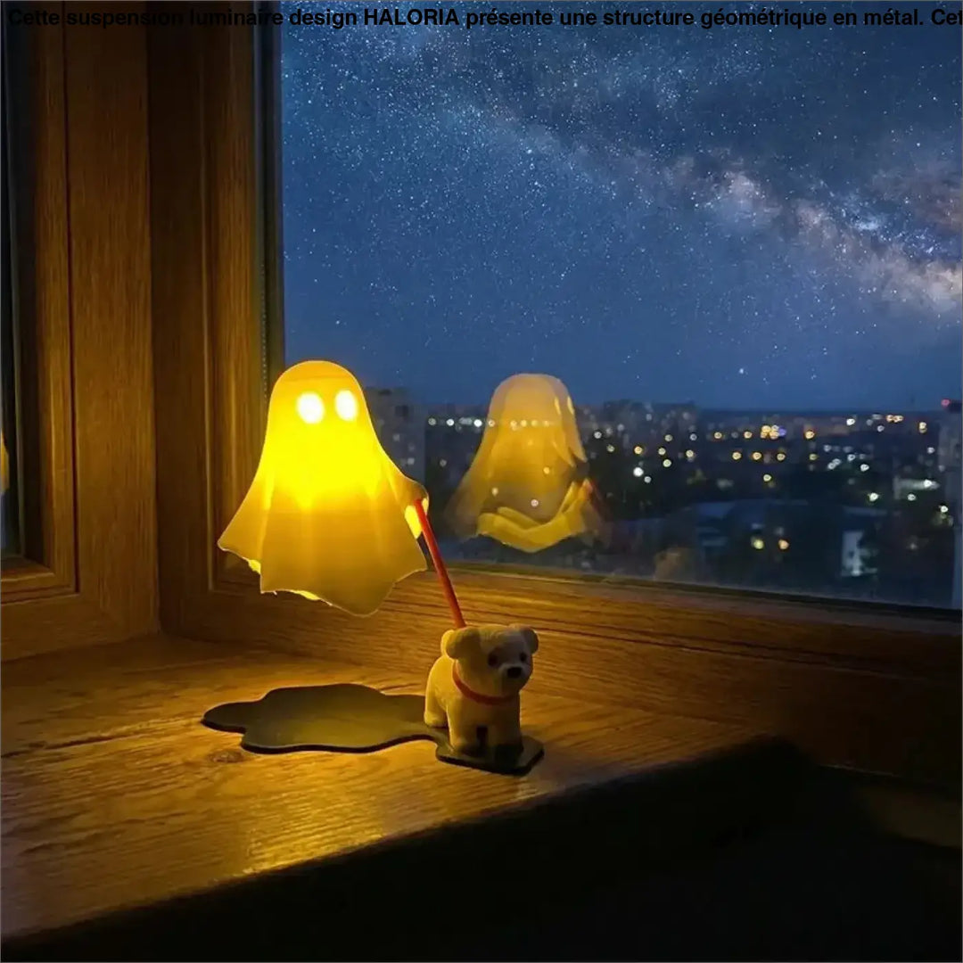 Veilleuse boofi lampe en forme de fantôme jaune lumineux avec laisse rouge attachée à une figurine de chien beige