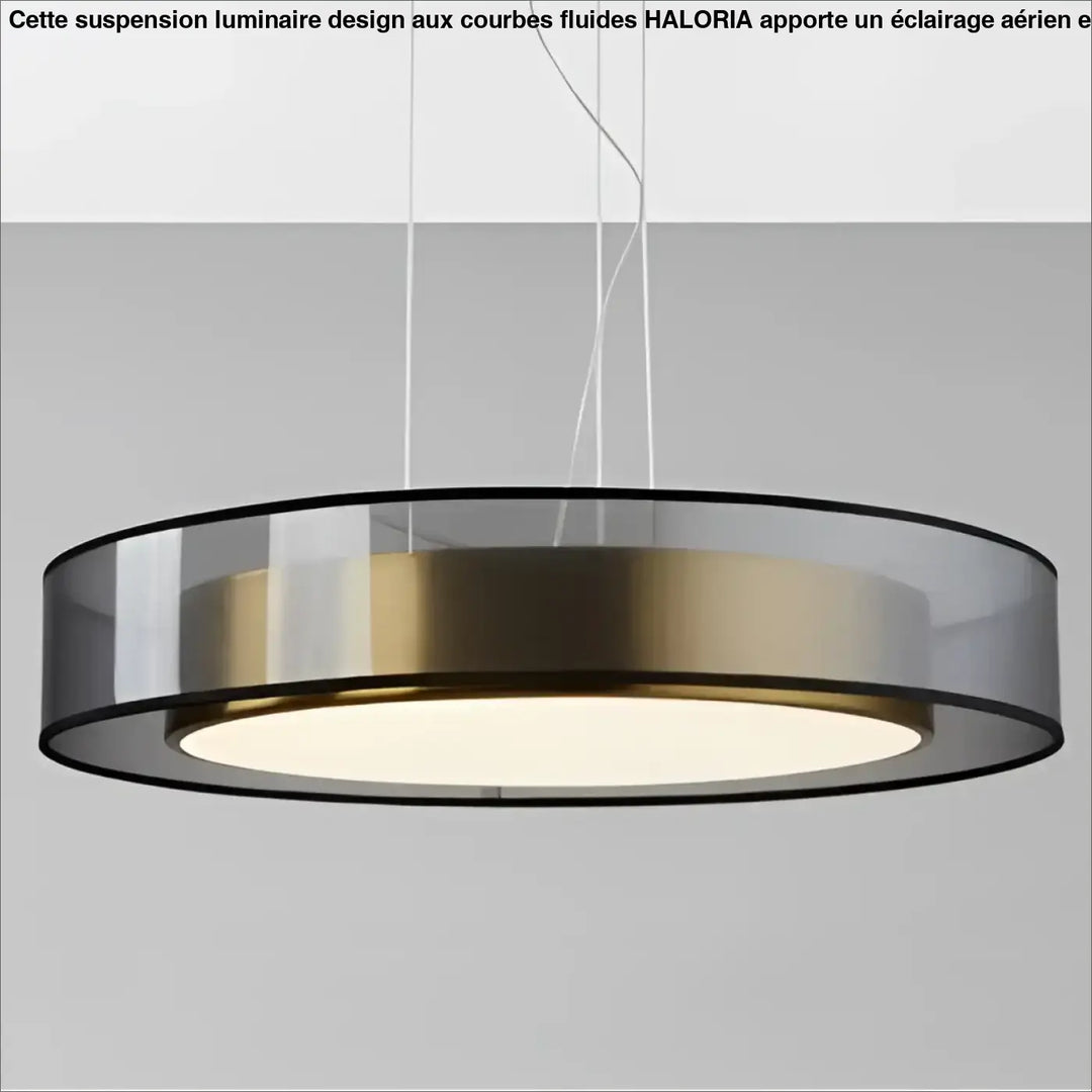 Suspension luminaire ky-los moderne avec anneau en verre fumé translucide et bande en laiton brossé diffusant une lumière blanche chaude