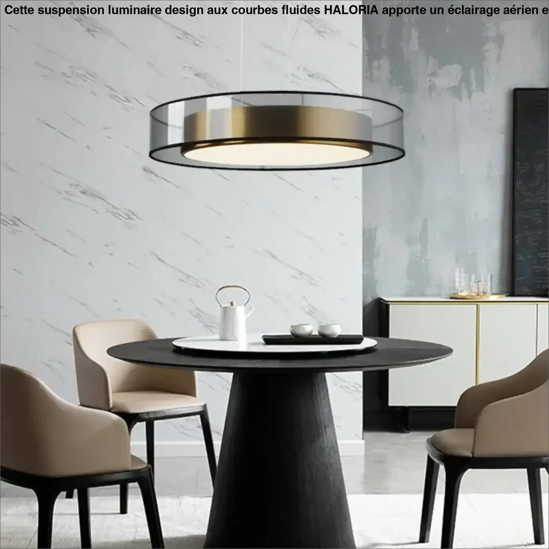 Suspension luminaire kylos moderne circulaire avec cadre noir, abat-jour en verre translucide et anneau doré chaud