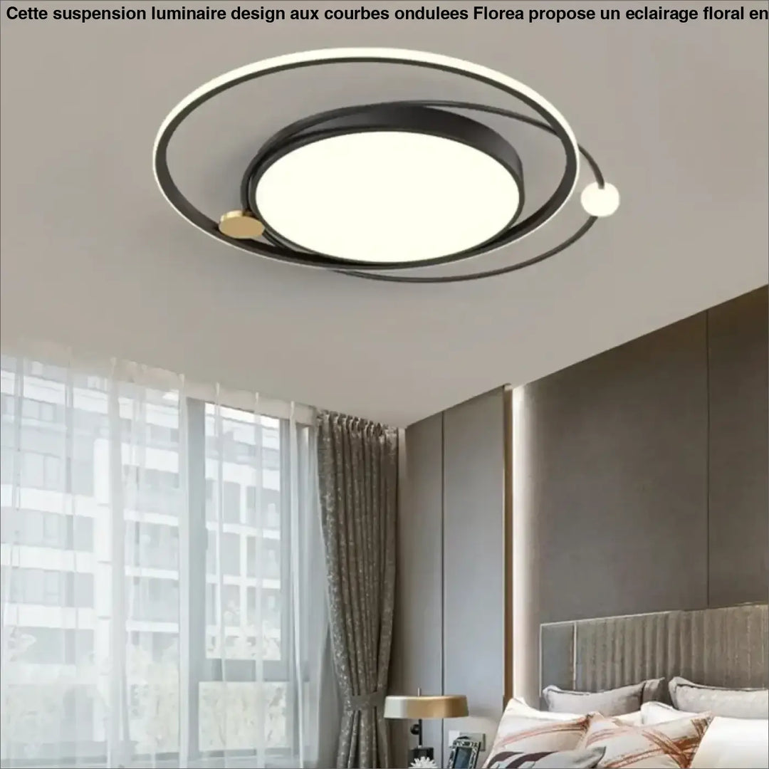 Luminaire plafonnier aloïs avec anneaux métalliques noirs et or, panneau central lumière blanche idéal salle à manger