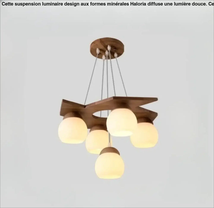 Suspension luminaire moderne en bois avec cinq globes en verre dépoli et cadre géométrique central wodel