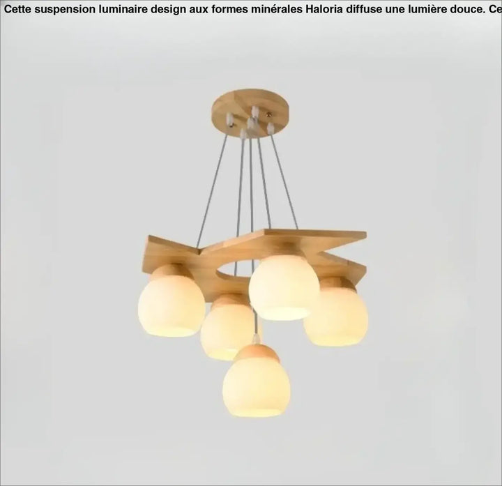 Suspension luminaire moderne en bois naturel avec cinq globes en verre dépoli pour plafond intérieur