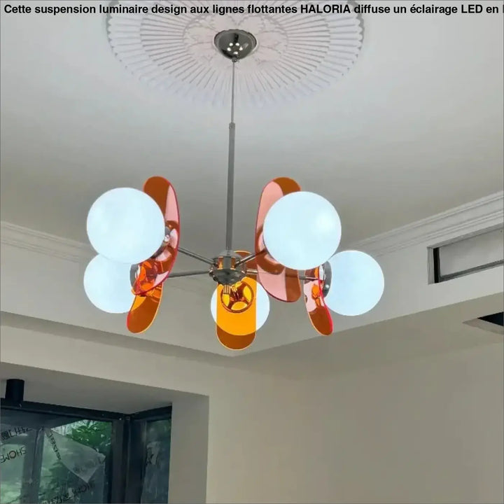 Suspension luminaire melios avec ampoules sphériques blanches givrés et pétales en verre orange, ambre et jaune translucide luminaire chic