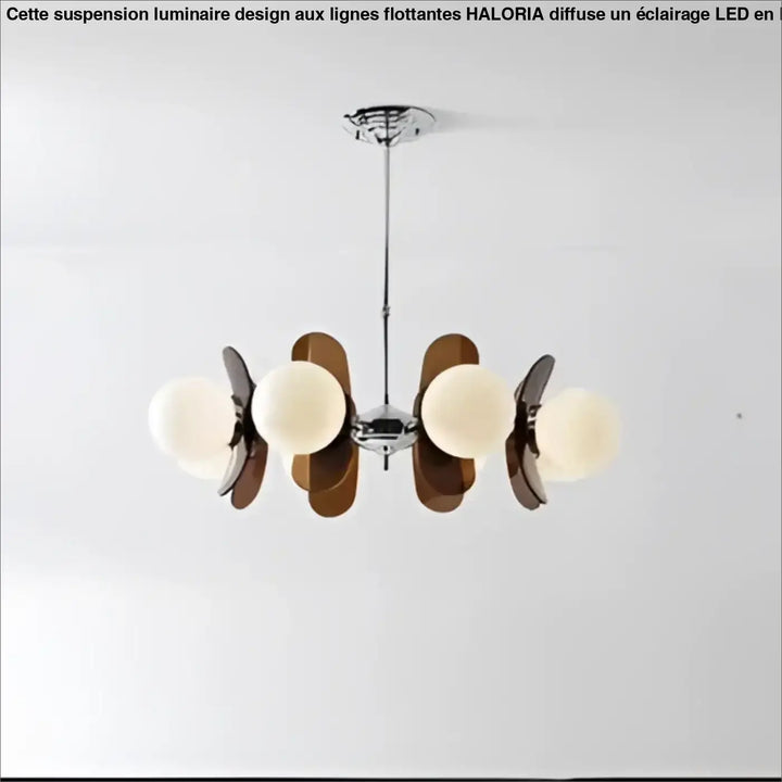 Suspension luminaire melios chrome avec six ampoules sphériques chaudes entourées d’abat-jour en bois en éventail luminaire chic