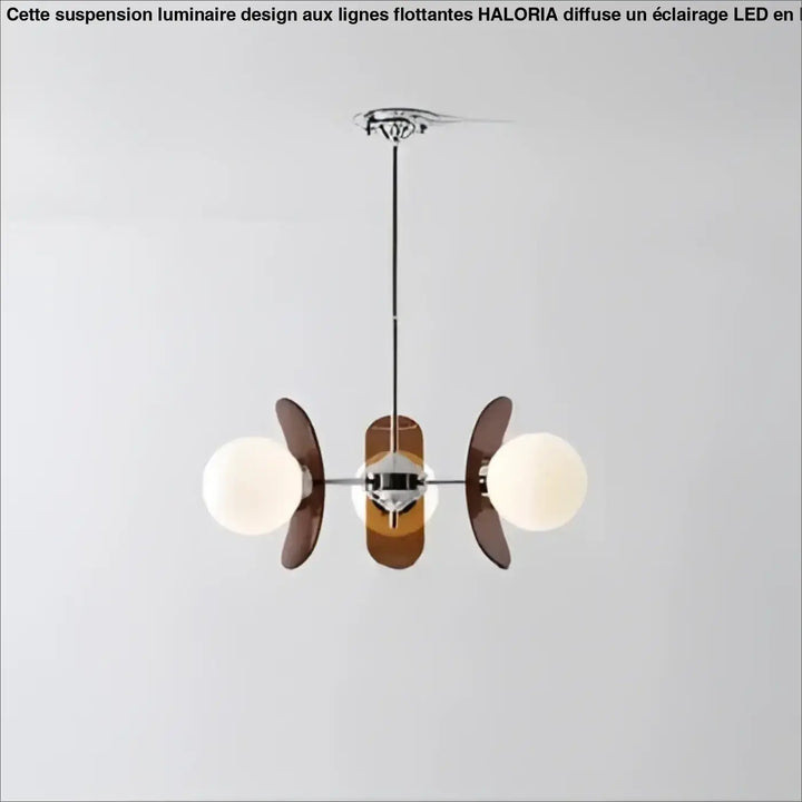 Suspension luminaire melios style mid-century moderne avec finition chrome, globes en verre dépoli et accents en bois foncé
